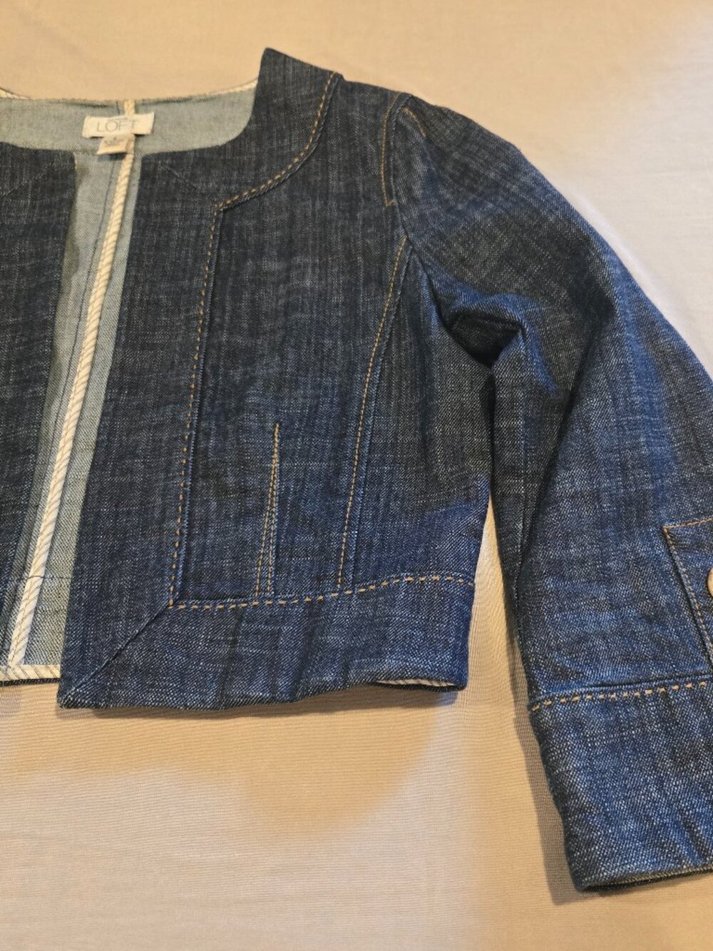 LOFT Cropped Collarless Denim Jacket Blue Jean Blazer Open Front Size 6 - Picture 7 of 15